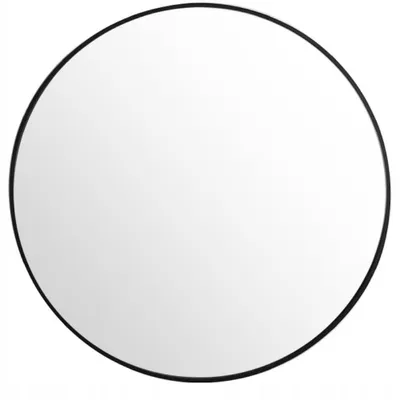A round mirror with a black frame against a white background.