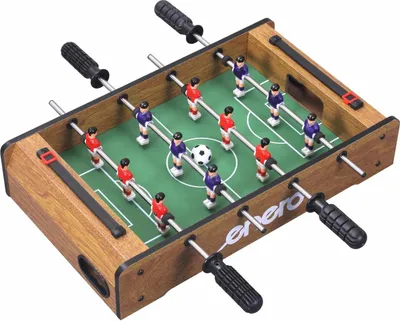 A miniature foosball table with players and a ball on a green playing field, set against a white background.