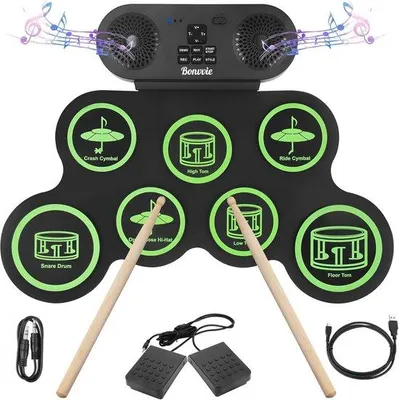 Produktbild von Elektronisches Schlagzeug mit Schlagzeugstöcken - Schlagzeug für Kinder oder Erwachsene - Elektronisches Schlagzeug - Mit 7 digitalen Drumpads - Mit 2 Pedalen - Mit integrierten Lautsprechern - Schwarz