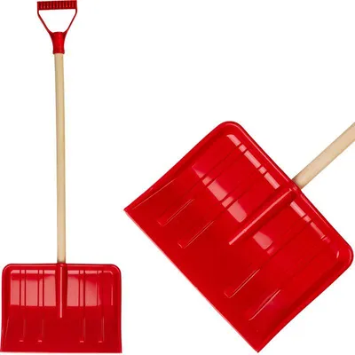 A red snow shovel with a wooden handle is shown against a white background. A close-up of the shovel's blade is also visible.