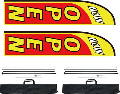 Obrázok produktu pre SucceBuy Otvorené vlajky so sadou tyčí - 16,3 stôp, ideálne pre firemnú vonkajšiu reklamu. Obsahuje 2 bannerové vlajky, 2 tyče, 2 zemné kotvy pre lepšiu viditeľnosť
