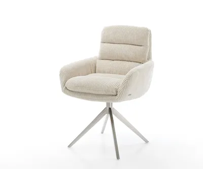 Produktbild von DELIFE Esszimmerstuhl Abelia-Flex mit Armlehnen Cord Beige Kreuzgestell breit Edelstahl