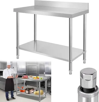 Productafbeelding van RVS-tafel, RVS-werkbank, verstelbare hoogte met poten, keukentafel, tafel, werkbank, eettafels, plantentafel voor keuken en restaurant - 100 x 60 x 85 cm, met opstaande rand
