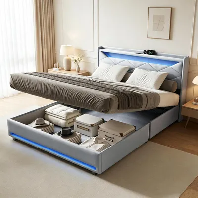 Produktbild von INONEFT Boxspringbett 160x200cm,hydraulisches Polsterbett mit LED und USB/C ,Doppelbett Holzbett Jugendbett, Leinen, Grau.