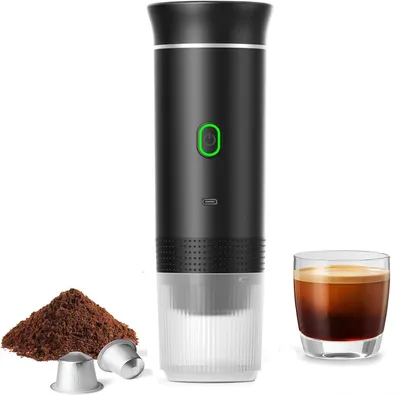 Produktbild von Tragbare Kaffeemaschine, elektrische Reise-Espressomaschine mit Heizfunktion, 3-in-1-Kapselkaffeemaschine für 12-V-Auto und Camping, batteriebetriebene Kaffeemaschine, 60 ml