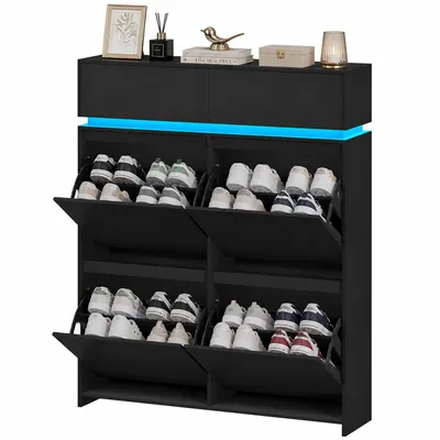 Produktbild von Schuhschrankmit LED-Leuchten, 20 Paar, 4 Klappen(100B cm) | Schuhkipper Schmal, Schuhregal, Verstellbare Ablagefläche, Schuhaufbewahrung für Eingang,