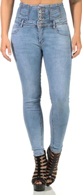 Produktbild von Damen Jeans Hose Risse Hochbund Röhrenjeans Skinny Slim Fit Stretch, Hellblau-376 L/40