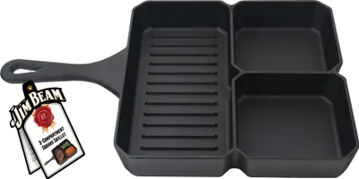 Produktbild von Jim Beam Grillpfanne Gusseisen - Bratpfanne mit 3 Fächern - Steakpfanne Gusseisern Induktion eckig