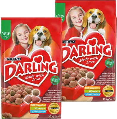 Two bags of Purina Darling dog food are shown side-by-side.