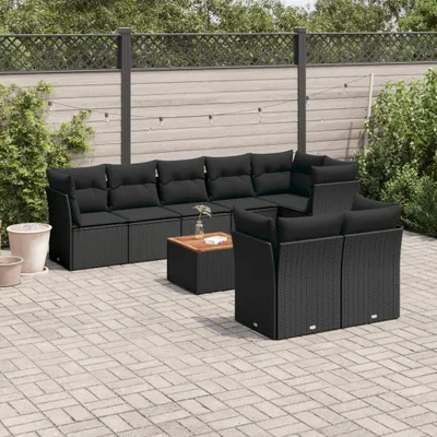 Produktbild von Design 9-tlg. Garten-Sofagarnitur mit Kissen Schwarz Poly Rattan, Gartenmöbel-Sets 2024 Neu
