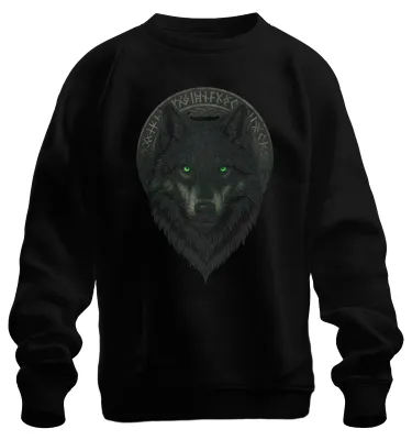 Obrázek produktu pro Mikina s vlčí hlavou a runovým věncem Nordic Wolf Mysticism Gothic Fantasy Viking Uni mikina, černá, 3XL