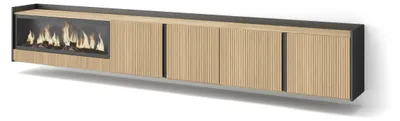 Image de PULLER Meuble TV, Banc Télé, 315x35x50 cm, Pour les TV jusqu'à 80", Cheminée électrique XXL, Suspendu, Mural, Chêne et noir