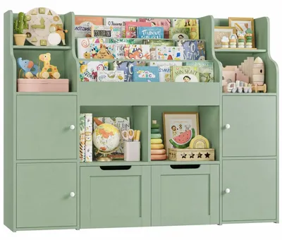 Image de Étagère pour enfants, 12 compartiments, vert, en bois composite, 100x30x122 cm