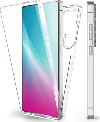 A clear phone case is shown with a phone inside, displayed from multiple angles.