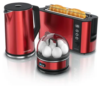 A red electric kettle, egg cooker, and toaster are displayed together on a white background.