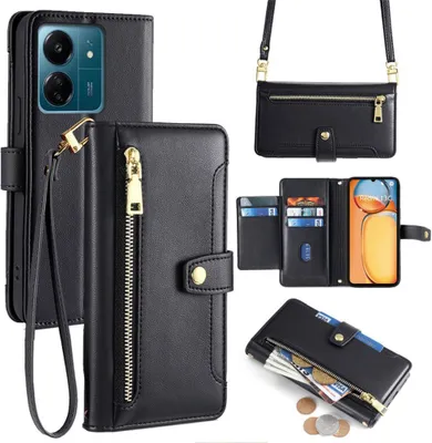 Produktbild von Handykette Xiaomi Hülle mit Band Handyhülle Kartenfächer Kunstleder Umhängetasche Redmi 13C / Poco C65 Schwarz