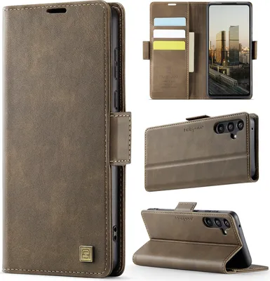 Image de Étui en cuir pour Samsung Galaxy A55 5G, protection RFID, fermeture magnétique, fentes pour cartes et support Marron