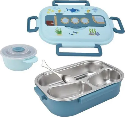 Obrázek produktu pro Obědové boxy bento z nerezové oceli, uzavíratelný box na oběd, nepropustný kreslený box na oběd se 3 přihrádkami pro děti a dospělé, modrý - box na oběd do školy a kanceláře.