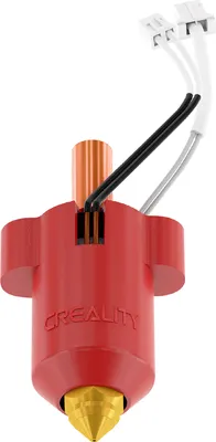 A 3D printer hotend assembly with a red casing and gold nozzle.