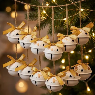 Productafbeelding van Kerstklokken, set van 12, 4,2 cm, wit en goud, metaal, geschikt om op te hangen