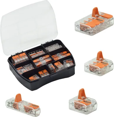 A set of Wago lever connectors in a storage case, with several individual connectors shown separately.