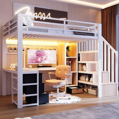 A loft bed with a desk and storage stairs in a room.