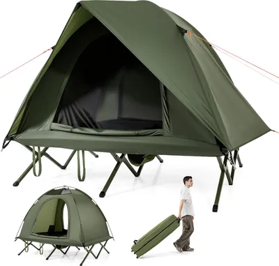Produktbild von COSTWAY Feldbett mit Zelt für 2 Personen, Campingbett mit Regenschutz, 2 Netztüren, Dachfenster & Rolltasche, Campingliege bis 300kg 194x145x150cm