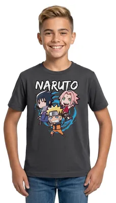 Produktbild von Spreadshirt Naruto Shippuden Chibi Naruto, Sakura & Sasuke Teenager T-Shirt, 134/146 (9-11 Jahre), Dunkelgrau