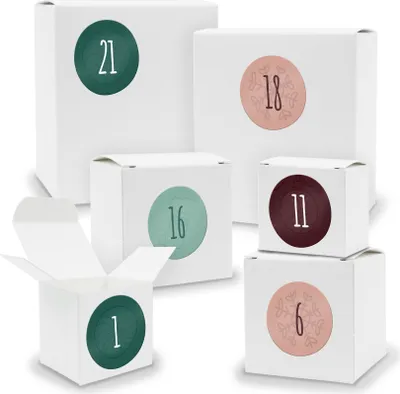 Produktbild von Adventskalender zum Füllen 24x Quader Würfel gemischt WEISS + Sticker (V01 Z14)