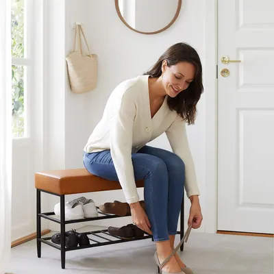 Image de Banc de rangement pour chaussures avec 2 étagères, assise en similicuir