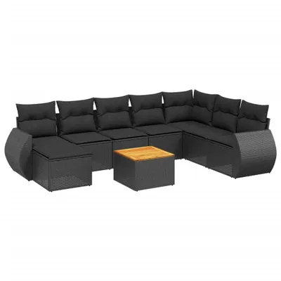 Image de vidaXL Ensemble de salon de jardin 9 pièces avec coussins noir poly rotin