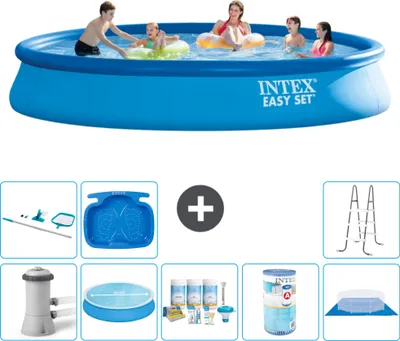 Produktbild von Intex runder aufblasbarer Easy Set-Schwimmpool – 457 x 84 cm – Blau – inklusive Pumpe Sonnensegel - Wartungspaket - Filter - Bodenplane - Reinigungskit - Leiter