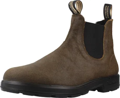 A single brown suede boot with a black sole is shown against a white background.
