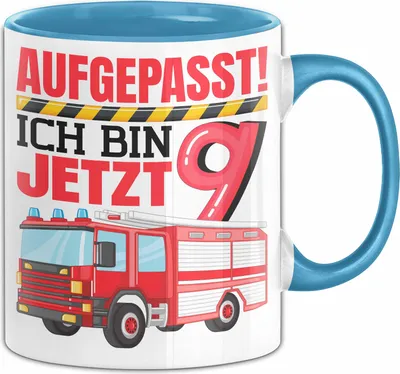 Produktbild von 9. Geburtstag Geschenk Tasse Becher Jungs Feuerwehr Aufgepasst Ich Bin Jetzt 9 (Blau)