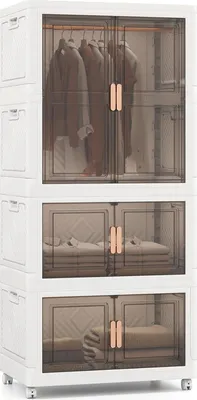 Produktbild von Tragbarer Kleiderschrank-Organizer, 421 l großer Aufbewahrungsbereich mit 10 Kleiderbügeln, zusammenklappbare Kunststoffboxen mit Rädern, Weiß + Braun