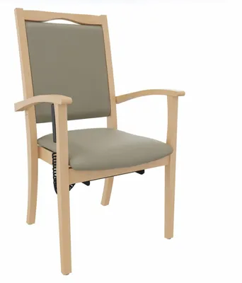 Produktbild von Seniorenstuhl Alexander Hochlehner mit Aufstehhilfe – Hochlehner Pflegestuhl mit Aufstehhilfe und Armlehnen – Massivholzstuhl stabil und Pflegeleicht.Stoffbezug:Clean-Kunstleder Walter Macadamia,Bodengleiter:Kunststoff Weiss