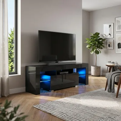 Produktbild von Masseno TV-Schrank CRISTALLO 130,2 cm Fernsehschrank mit 1 Türen TV-Lowboard für Wohnzimmer Modern 130,2x35x48,5 cm Schwarz / Schwarz