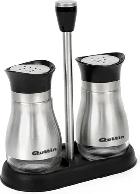 A salt and pepper shaker set on a black base.