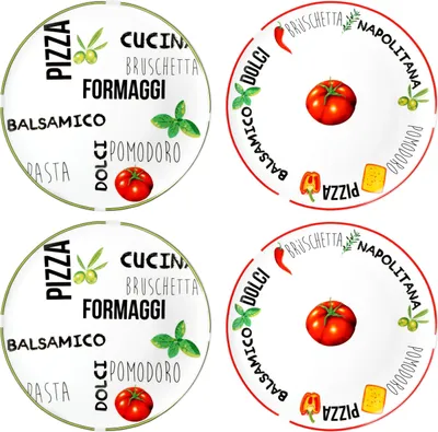 Produktbild von 4er Set Pizzateller Tomate | Weiß mit Dekor Grün & Rot Ø 31cm groß Teller für Pizzen