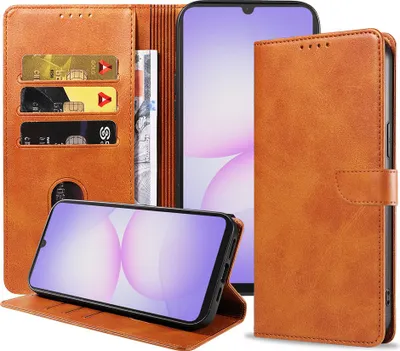Zdjęcie produktu dla Etui na telefon Samsung Galaxy A07 ze sztucznej skóry z magnetyczną wargą i uchwytem na karty Etui książkowe z klapką - Etui portfelowe z kieszenią na karty - brązowe - Smartphonica
