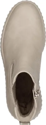 A top-down view of a single gray boot.