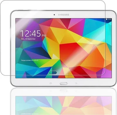 A Samsung Galaxy Tab 4 10.1 tablet with a screen protector applied, displayed on a white background with a reflection.