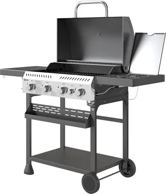 Produktbild von Gasgrill 12 KW 4+1 Brenner BBQ Grillwagen aus Edelstahl inkl Seitenbrenner Thermometer Grillrost Kochfeld Flaschenöffner Seitenablagen Gas-Grill für Balkon Camping 135 x 55 x 103cm |