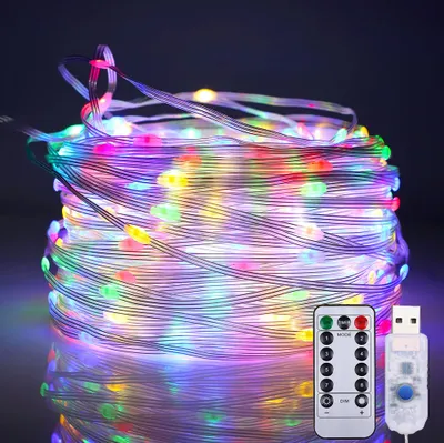 A coiled string of colorful LED lights with a USB connector and a remote control.