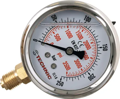 Immagine prodotto di Manometro, 0-250 bar con attacco inferiore da 1/4" (con smorzamento della glicerina)