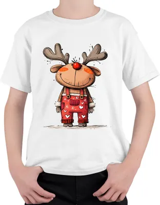 Produktbild von Rudolf Rentier rote Nase Weihnachten niedlich Geschenk Cartoon Uni Kinder T-Shirt, Weiß, 140