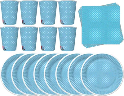 Produktbild von Set aus Tassen und Tellern mit blauen und weißen Punkten