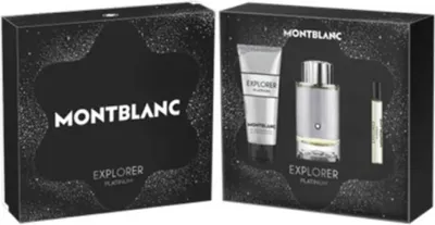 A gift set of Mont Blanc Explorer Platinum for men, featuring a perfume bottle, a tube of lotion, and a travel-sized spray.