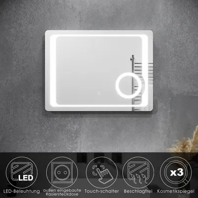 Produktbild von SUNXURY Badspiegel mit LED 80 x 60 Beleuchtung und kosmetik spiegel Touch Beschlagfrei Rasierersteckdose Badezimmerspiegel Wandspiegel Lichtspiegel