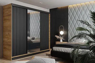 A bedroom scene featuring a wardrobe and a bed.